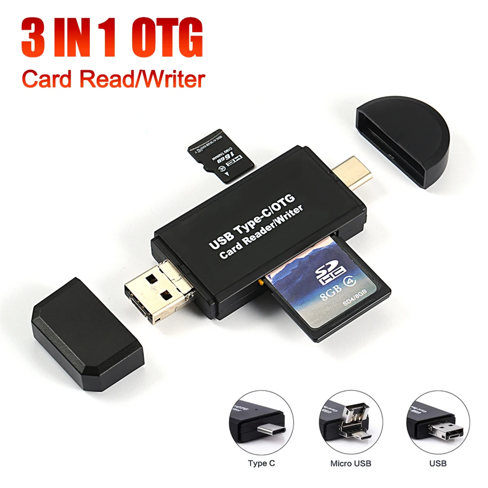 OTG USB 2.0 pembaca kartu SD TF, Adapter USB Flash Drive 3 In 1 transmisi Data pembaca kartu memori untuk ponsel PC