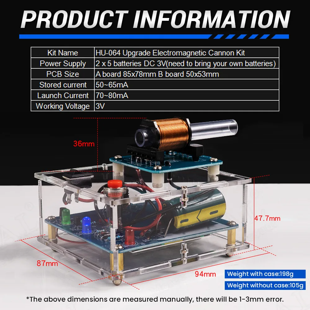 DIY Electronic Kit High Voltage Electromagnetic Gun HU-064 Coil Booster Module Circuit Making Acrylic Case Without Battery