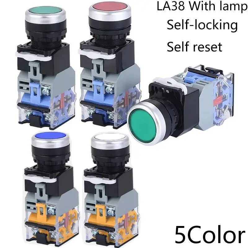 22mm LA38-11D/11DS Quality Sliver Contact Push Button Switch With Light On/Off Momentary/Latching220V 24V LED Indicators