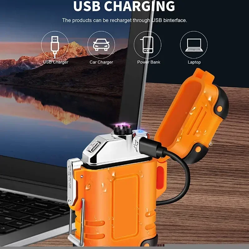 Nuova funzione accendino ricaricabile USB a doppio arco impermeabile barbecue da campeggio esterno antivento con accessori per fumatori con fischio