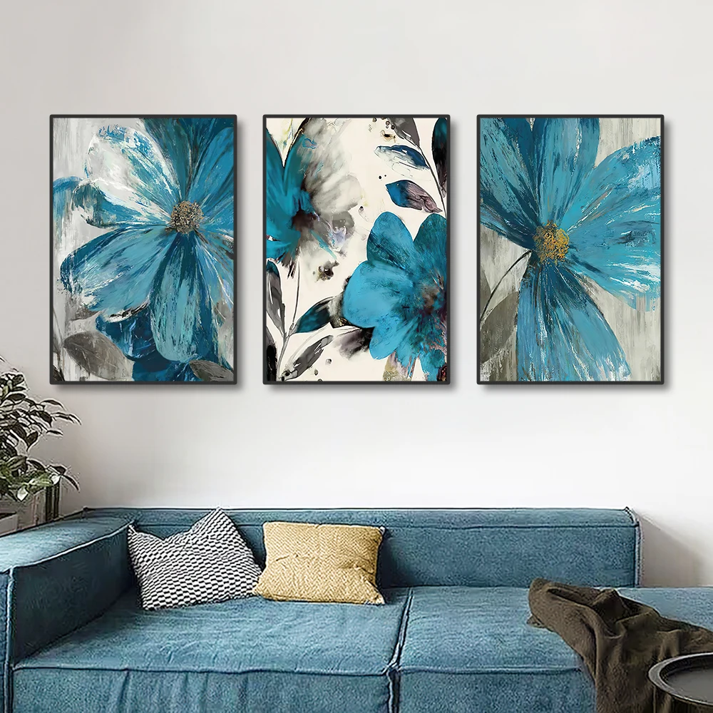 النباتية جدار الفن قماش لوحات الحياة تزهر ، Paint الأزرق الطلاء الزهور ، غرفة المعيشة الملصقات ، جدار الفن الديكور ، 3 قطعة
