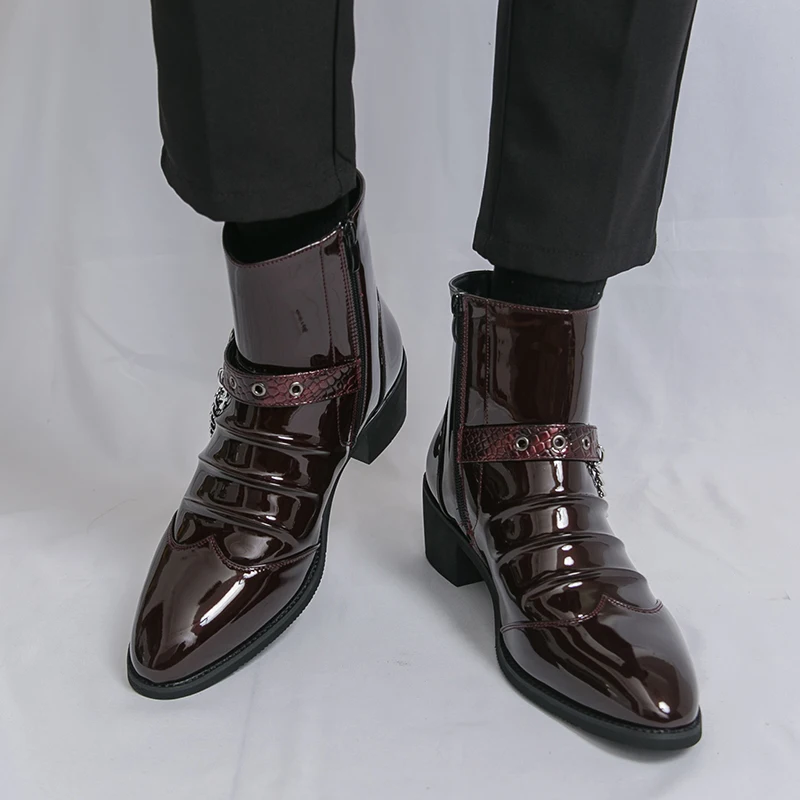 Classic Men's Pointed Party High Top Shoes Fashionable Patent Leather Men Comfortable Side Zipper Chain Decorative Leather Shoes