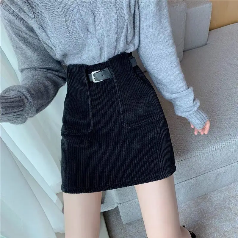 

Korean Fashion Autumn Winter New Corduroy Women Solid Zipper Pockets Simplicity Chic High Waist Short Slim A-line Hip Wrap Skirt