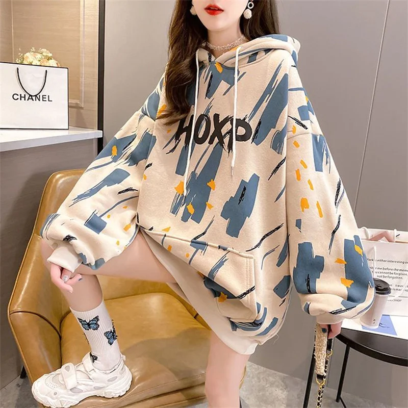 Spring Graphic Print Hooded Sweatshirts Pocket For Women Harajuku Hiphop Pullover Hoodies Sweat Shirts Oversize Baggy Ladies Top