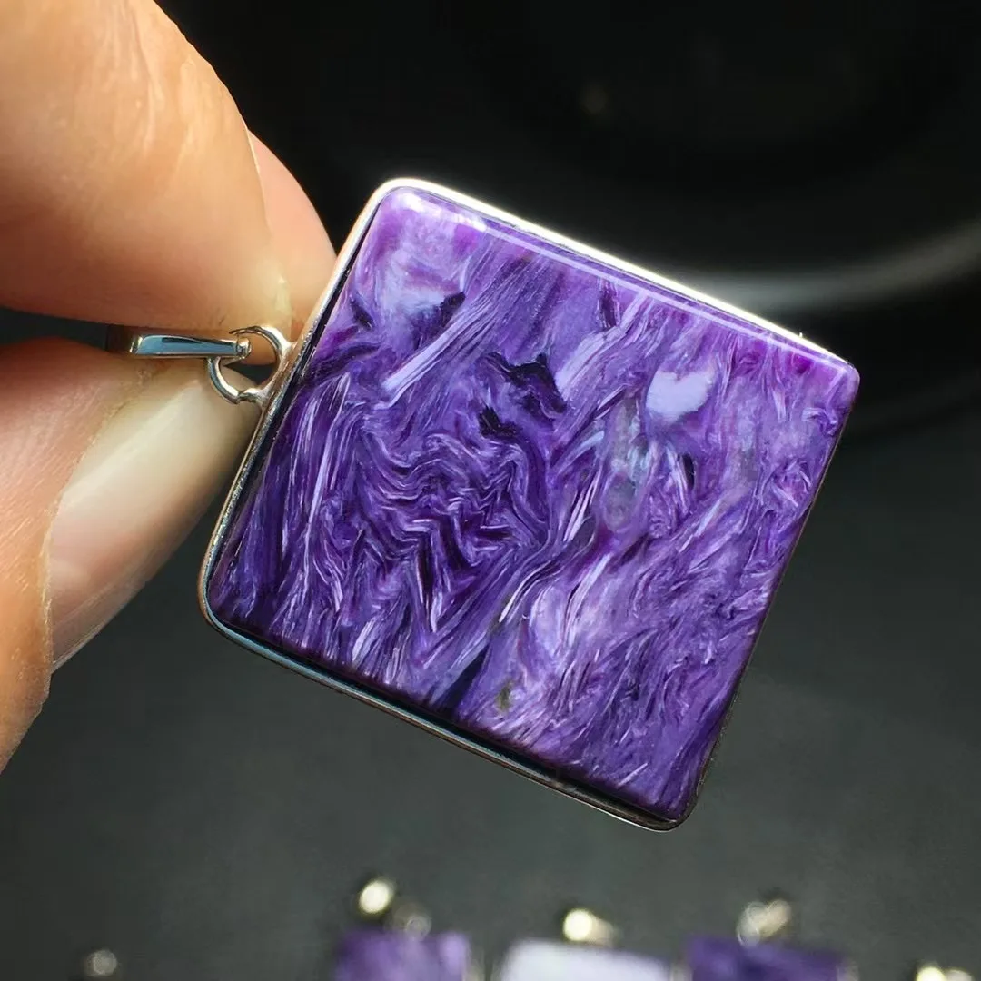 

Unit One Piece Natural Purple Charoite Gemstone Crystal Square Necklace Pendant With 925Silver Hook