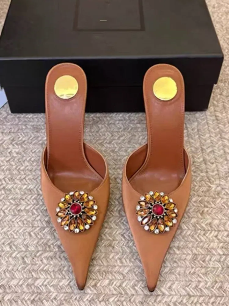 Women's New Satin Pointed Toe Toe Water Diamond High Heels Slippers Party Wedding High Heels Women's Sandals