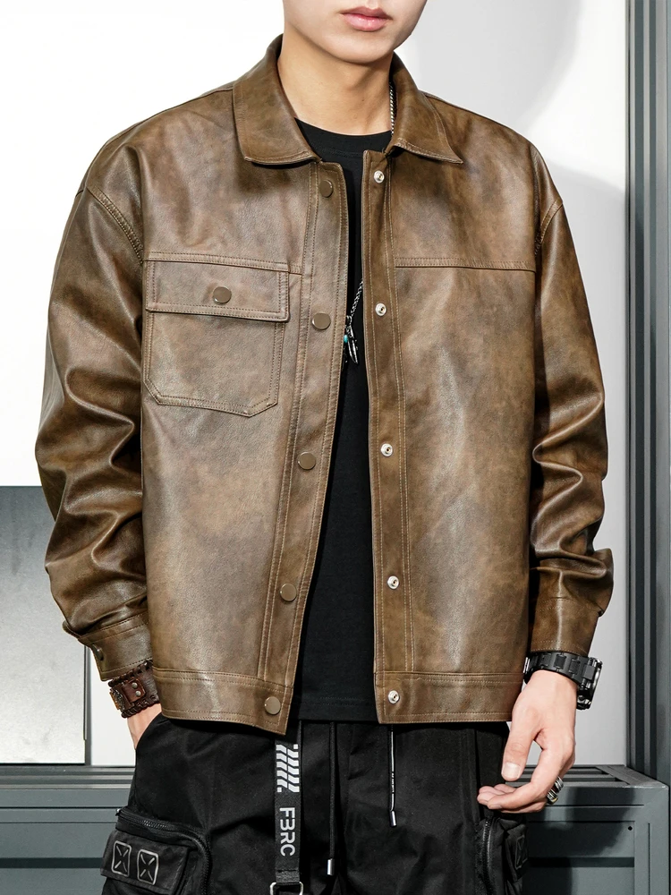 

Retro American Biker Coffee Leather Jaet Men's Spring Autumn Loose Workwear Sle Faion Brand Youth Active Polyester Fiber
