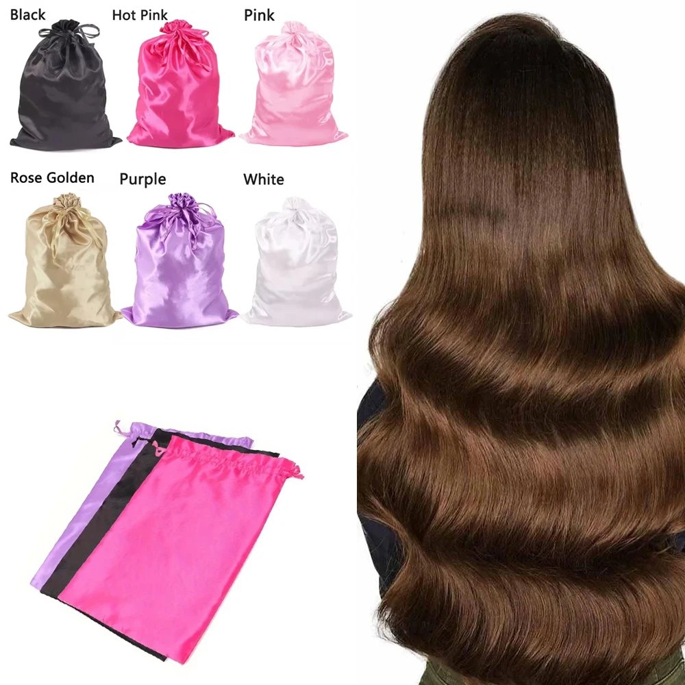 3Pcs Soft Silky Satin Wig Bags with Drawstring Hair Extensions Storage Pouches Black Pink Gold White Rose for Hair Wig Packaging