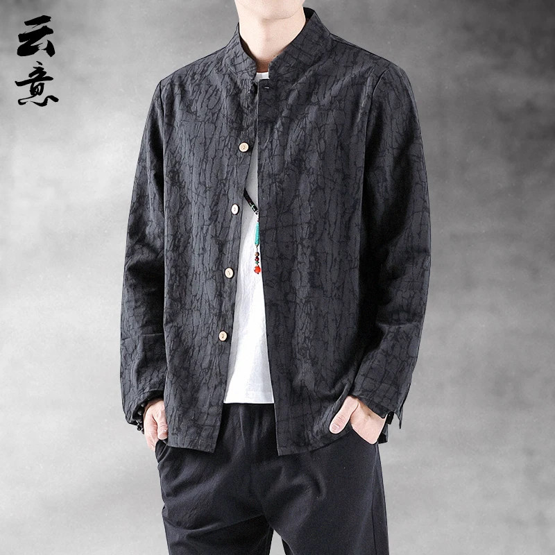 

Весенняя винтажная мужская льняная рубашка с воротником-стойкой, длинными рукавами, на пуговицах, в китайском стиле, молодежная, стандартного кроя