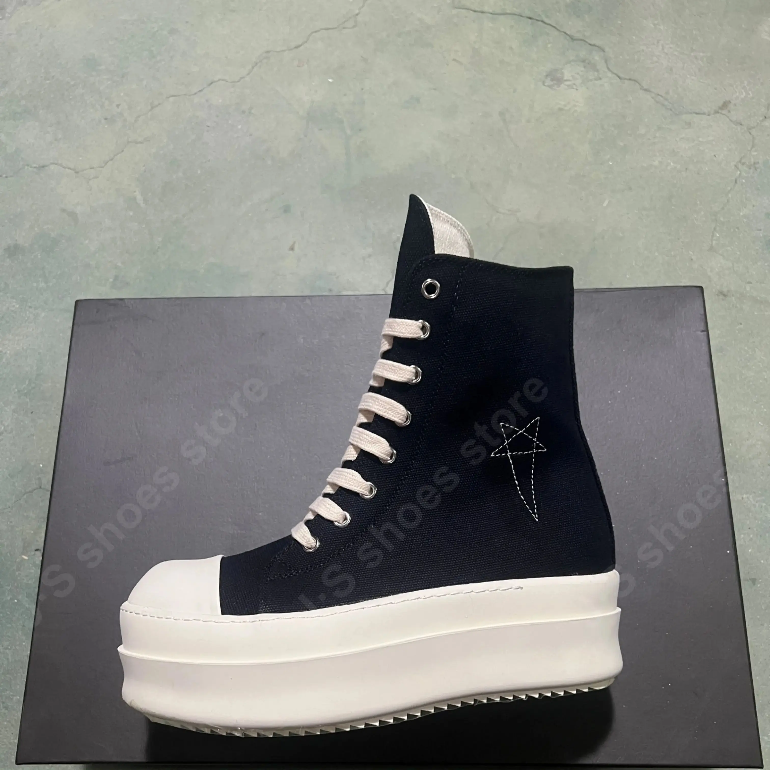 

Ricks Genious Pentagram Men Sneaker Black Canvas Shoe Owens Ankle Boot Lace Up Zipper 6cm Thick Sole Women High Top Casual Shoes