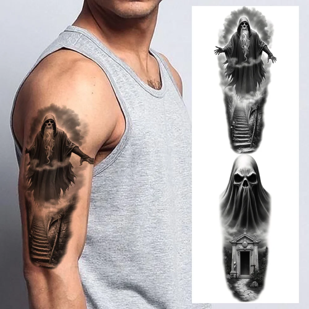 

3pcs Temporary Tattoo Realistic Temporary Tattoos Skull With Bats Spirit Woman Haunted House For Arms Thighs Adults