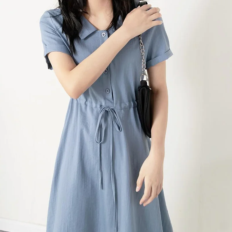 

Платья женские однотонные до середины икры простые подростковые базовые популярные модные летние новейшие корейский стиль студенческий шик комфорт Ins милый дизайн