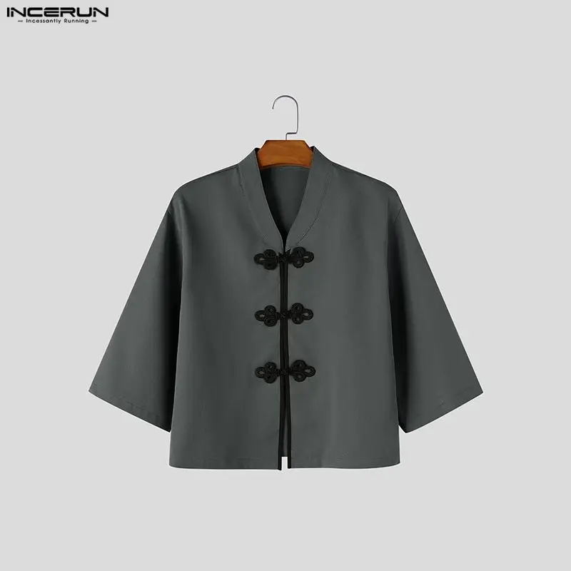 Men's Shirt Patchwork V Neck 3/4 Sleeve Casual Vintage Button Streetwear Men Clothes Loose Leisure Tops For Man Shirts INCERUN
