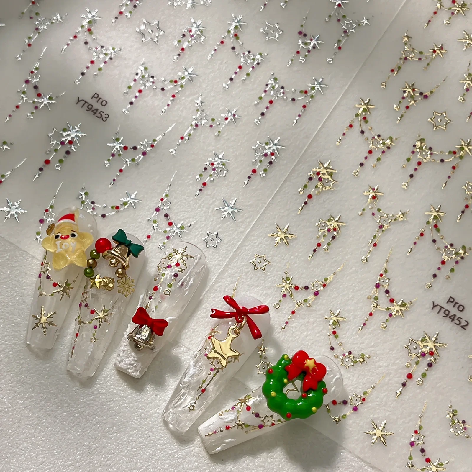 Winter Gold Snowflake Necklace Chain 5D Nail Stickers Colourful Dot Pendant Curtain Hexagram Self Adhesive Nail Decals Manicure