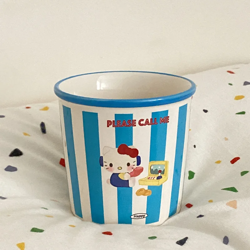 

Hello Kitty Cute Stripe Blue Game KT Coffee Juice Milk Cup Cartoon Hand Drawn Ceramic Flip Cup Furniture Anime Women Accessories