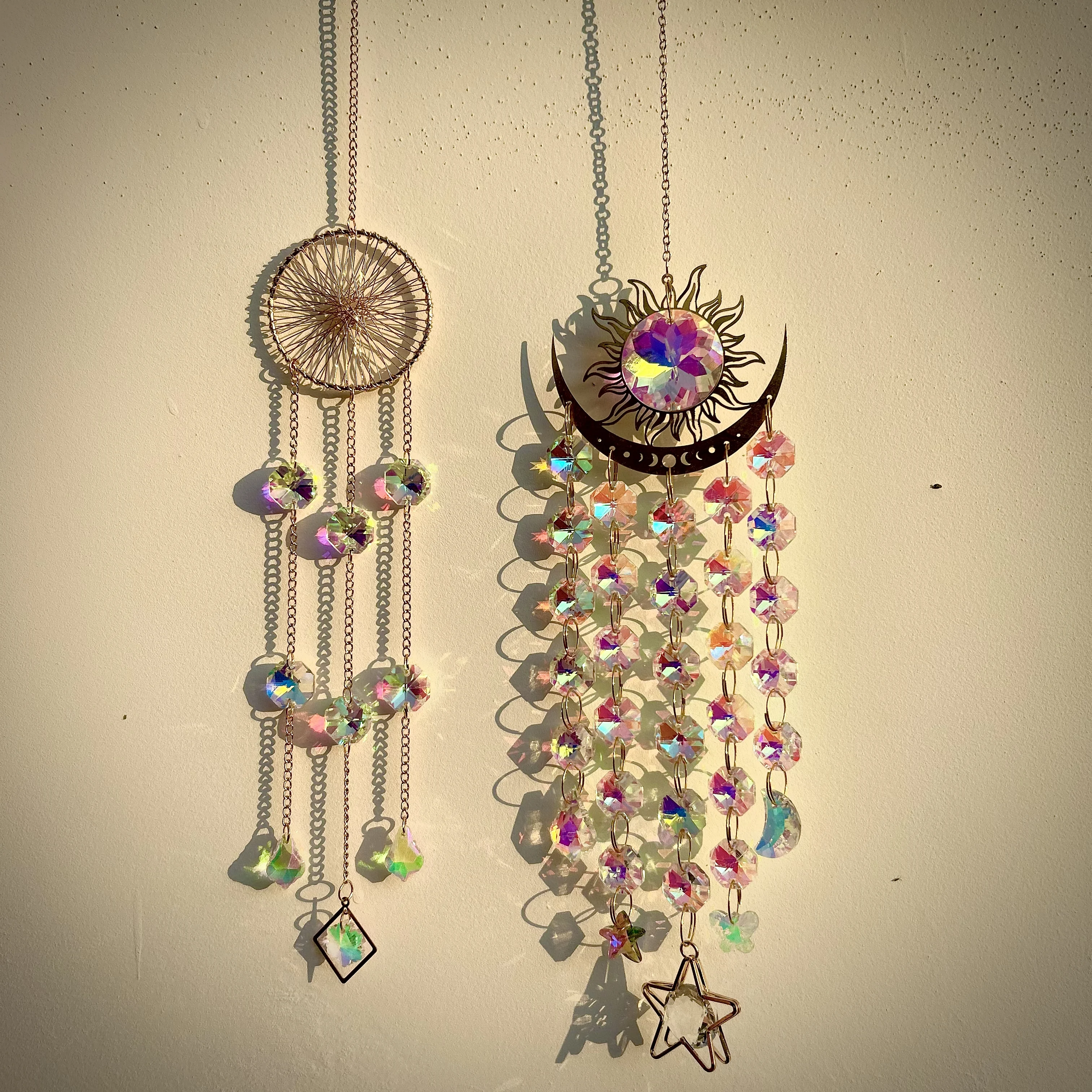2 crystal light catchers, indoor and outdoor gardens, sun, moon and dream catcher crystals, window and balcony decorations