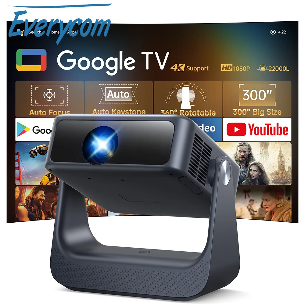 

Проектор Everycom D2 на Android 12 и ATV (Google TV) с закрытым оптическим модулем, домашний кинотеатр, умный LED-проектор с обзором 360° ° Поворотное основание