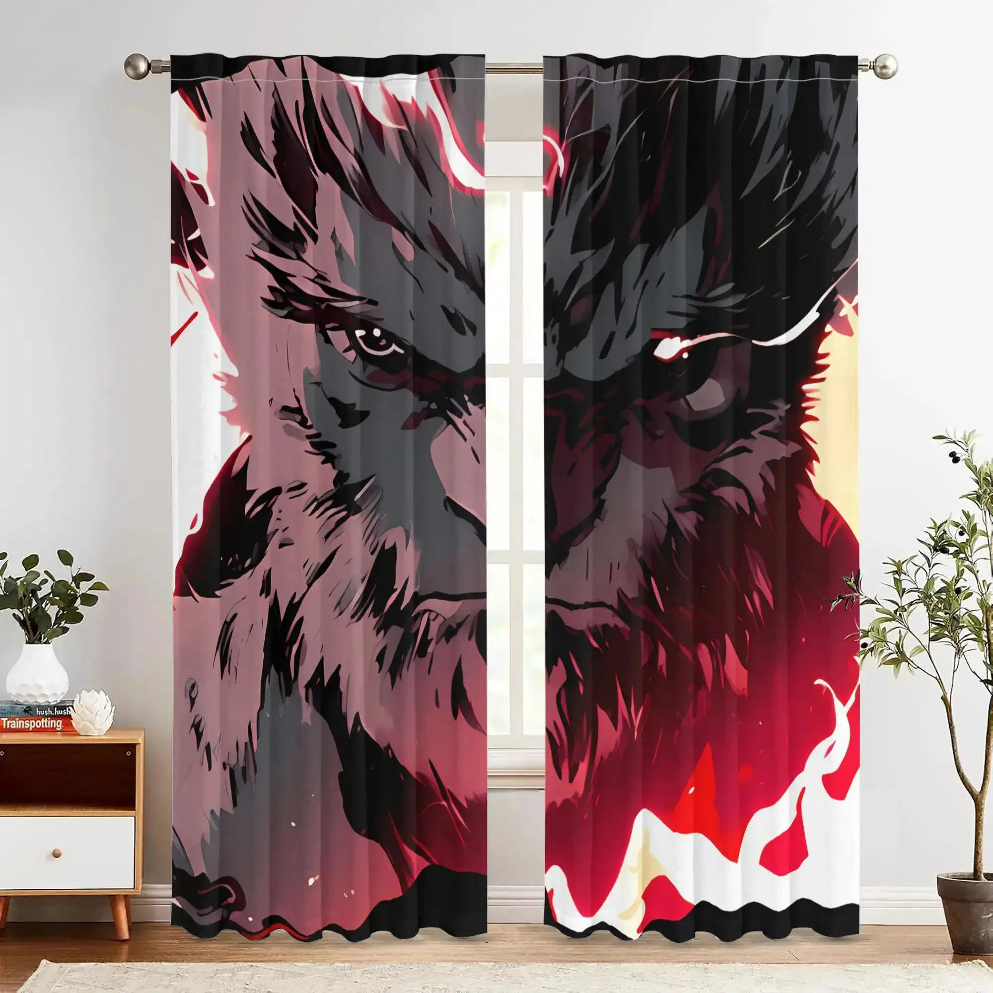 2pcs Black Monkey Design Blackout Curtains - Retro Modern Art Print with Vibrant Red & Black Contrast,  Polyester Light