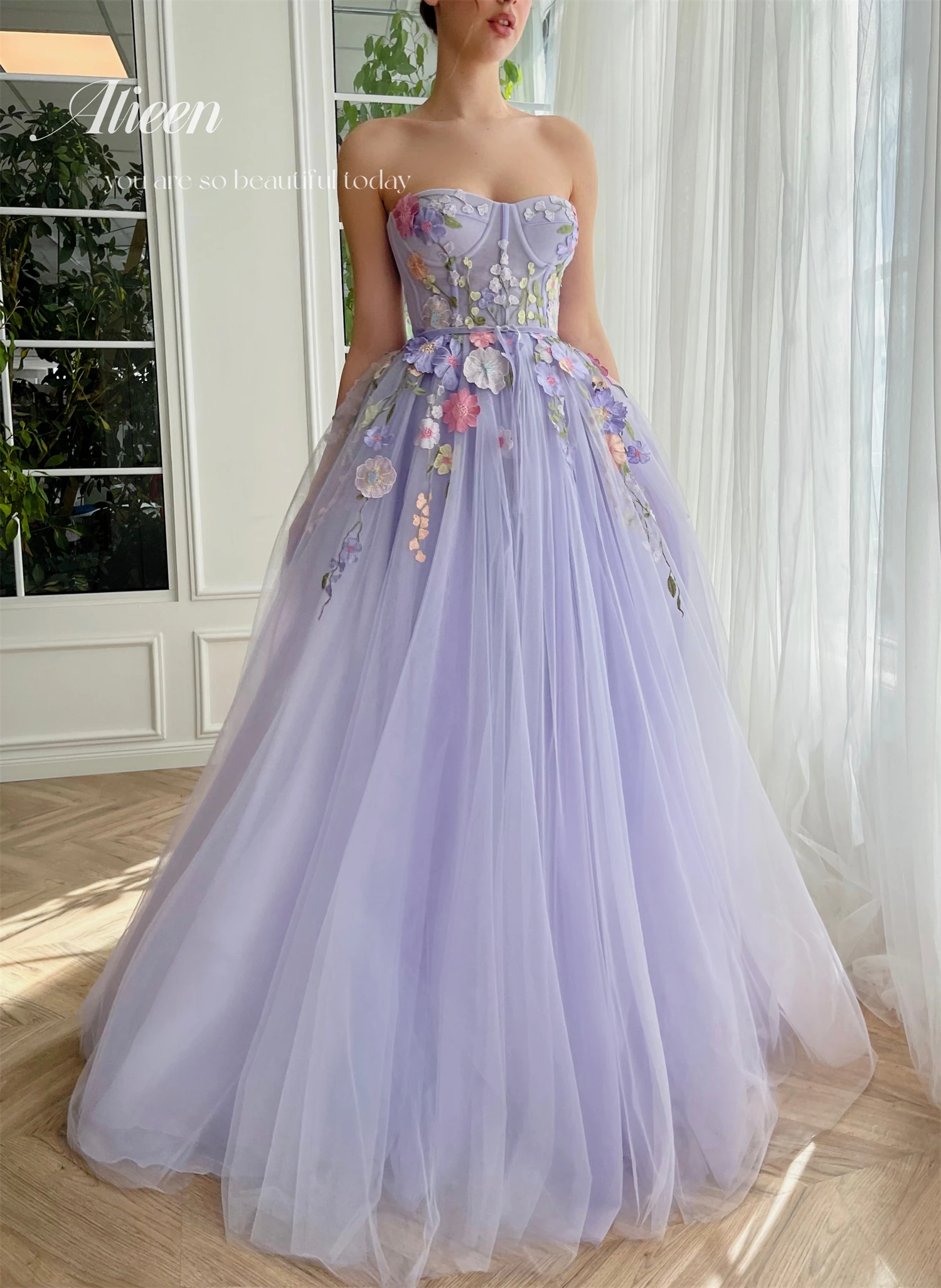 Aileen Manual Lavender Purple Sweetheart Embroidery Elegant Guest Wedding Dress Party Dresses With Long Sleeves Prom