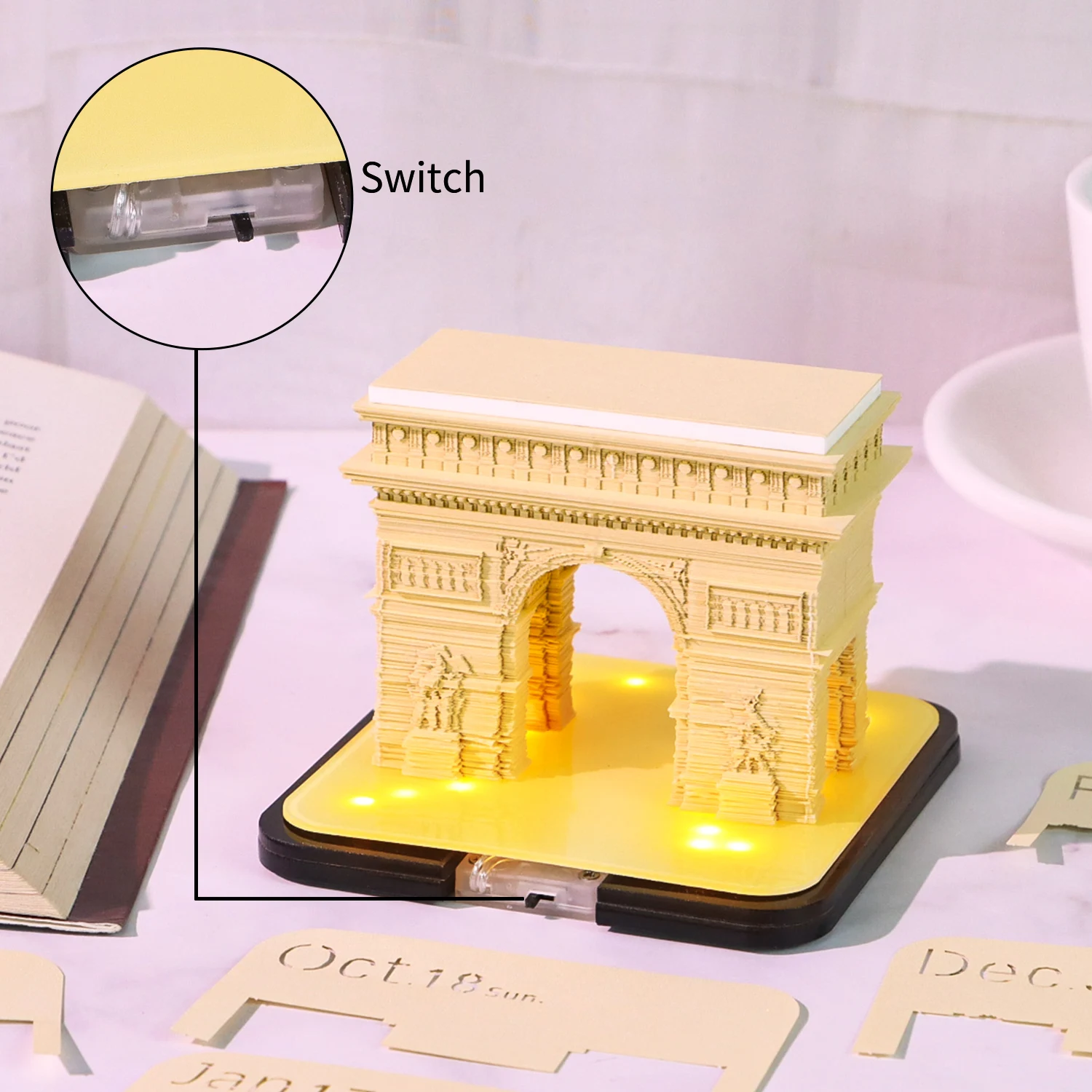 Desk Decoration 3D Memo Pad Custom Daily Calendar With LED Light Acrylic Box Arc De Triomphe Art Paper Notepad Party Birth Gifts