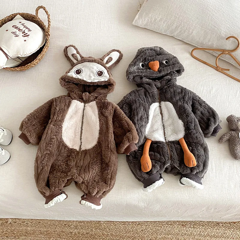 Baby imitation rabbit fur super cute crawling clothes 2025 winter baby cartoon hooded and velvet jumpsuit newborn clothes