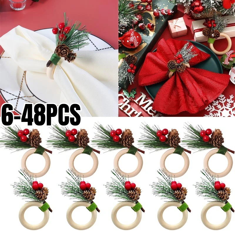 6-48PCS Wooden Rustic Christmas Napkin Holders Holly Berry Pine Cone Needle Design for Holiday Dinner Table Setting Decor
