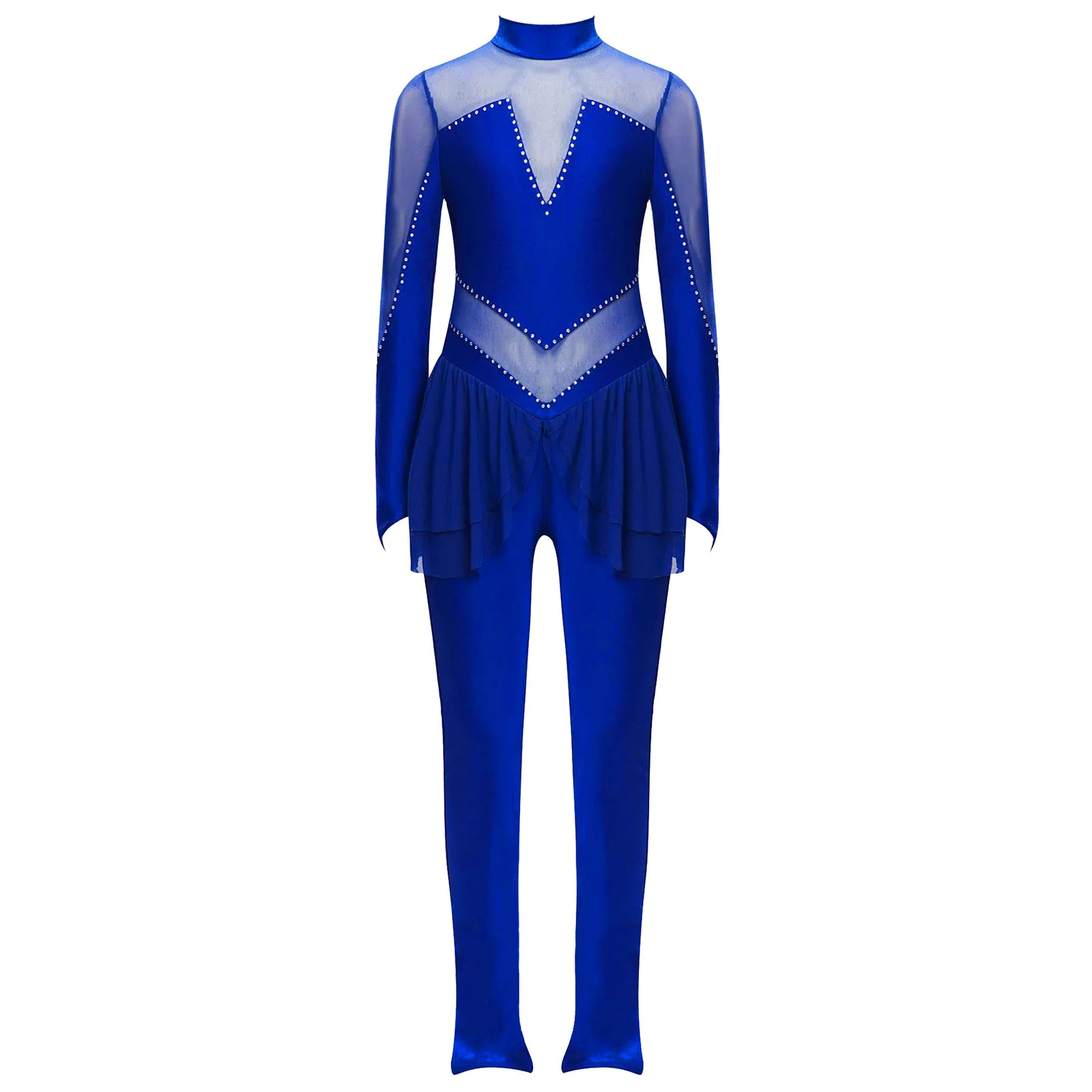 Kids Girls Figure Skating Performance Jumpsuit Long Sleeve Sheer Mesh Patchwork Shiny Rhinestones Bodysuit Acrobatic Gymnastics