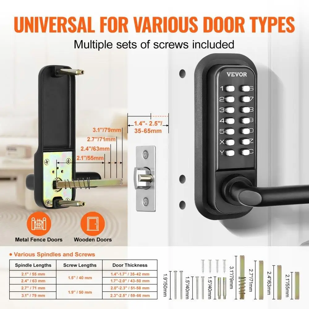 Mechanical Keyless Entry Door Lock Outdoor Use 14 Digit Keypad Waterproof Design Zinc Alloy Construction Easy Installation for