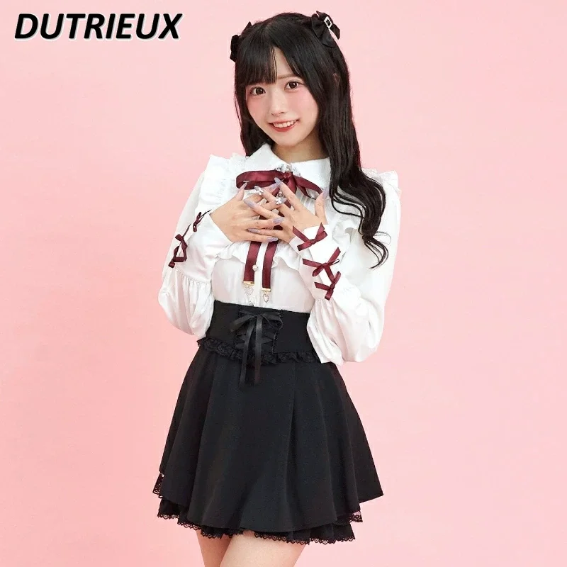 봄 가을 Bottoming 셔츠 달콤한 귀여운 소녀 일본 곰팡이 가장자리 블라우스 나비 넥타이 사랑 펜던트 인형 칼라 긴 소매상의