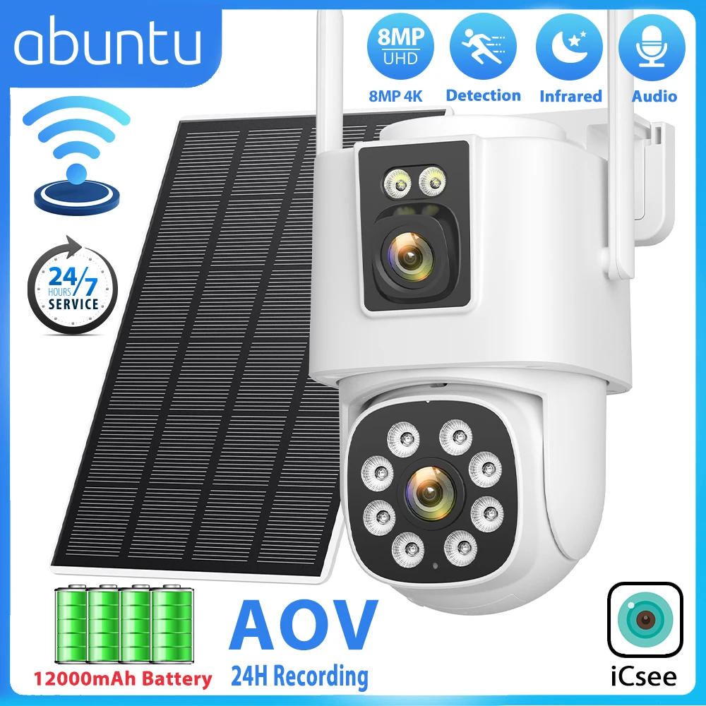 8MP 4K Solar Camera Wifi Outdoor AOV 24Hours Recording Dual Lens Dual Screens HD Surveillance Camera ICSEE Night Vision Security