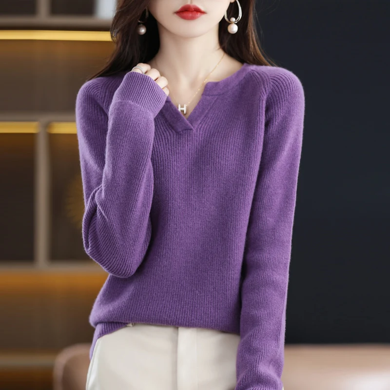 

100% pure wool cashmere sweater women's V-neck pullover autumn and winter casual knit top solid color conventional women's coat