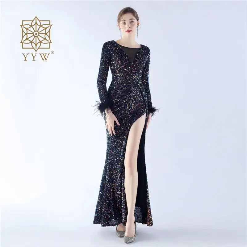 

High Quickly Full Sleeve Women Evening Dresses New Year Glitter Mermaid Prom Dress Deep V Female Sexy Celebrate Ball Gowns 2023