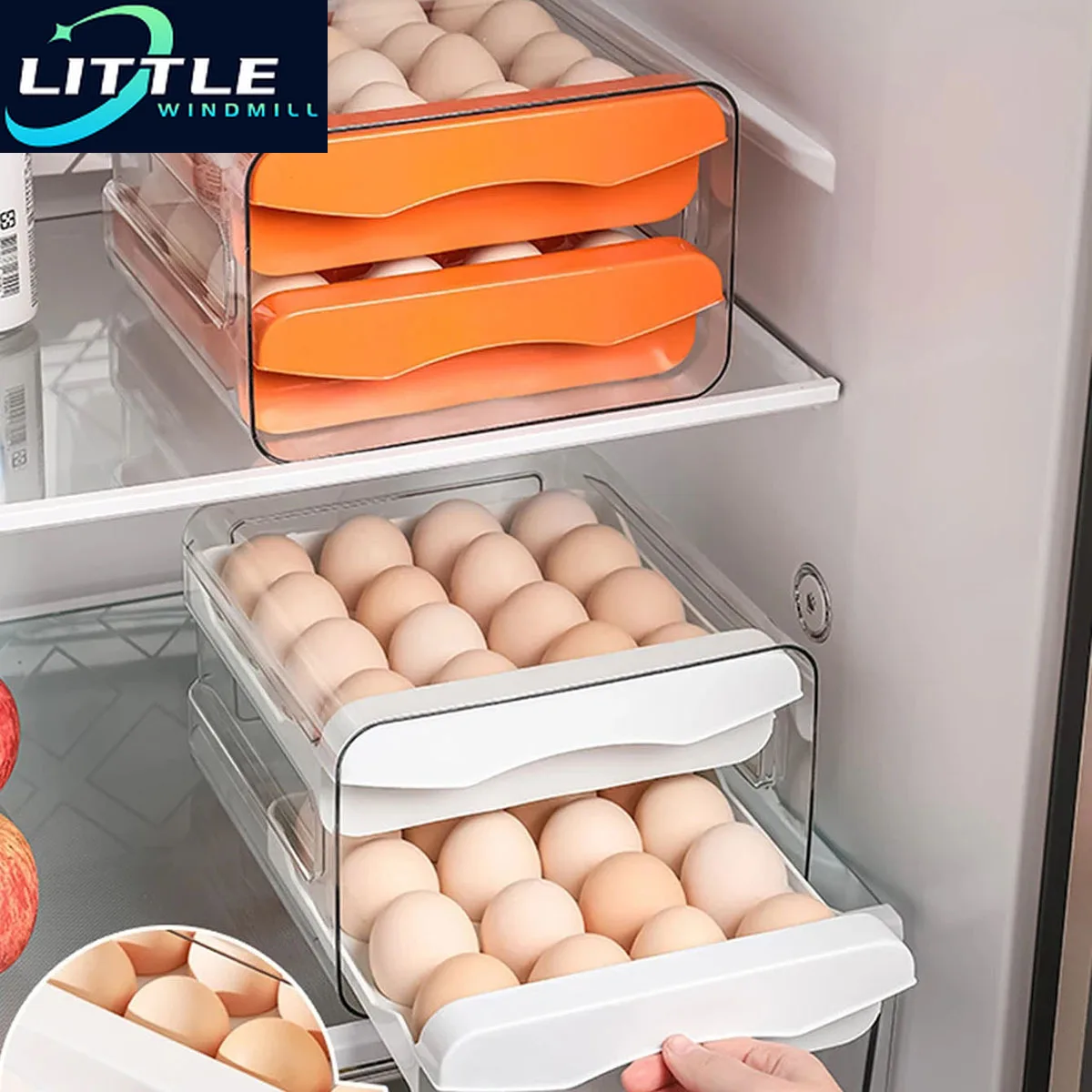 

Food Grade Egg Storage Box -Drawer Style Refrigerator Organizer with 32 Grids for Kitchen, Multiple Colors Available