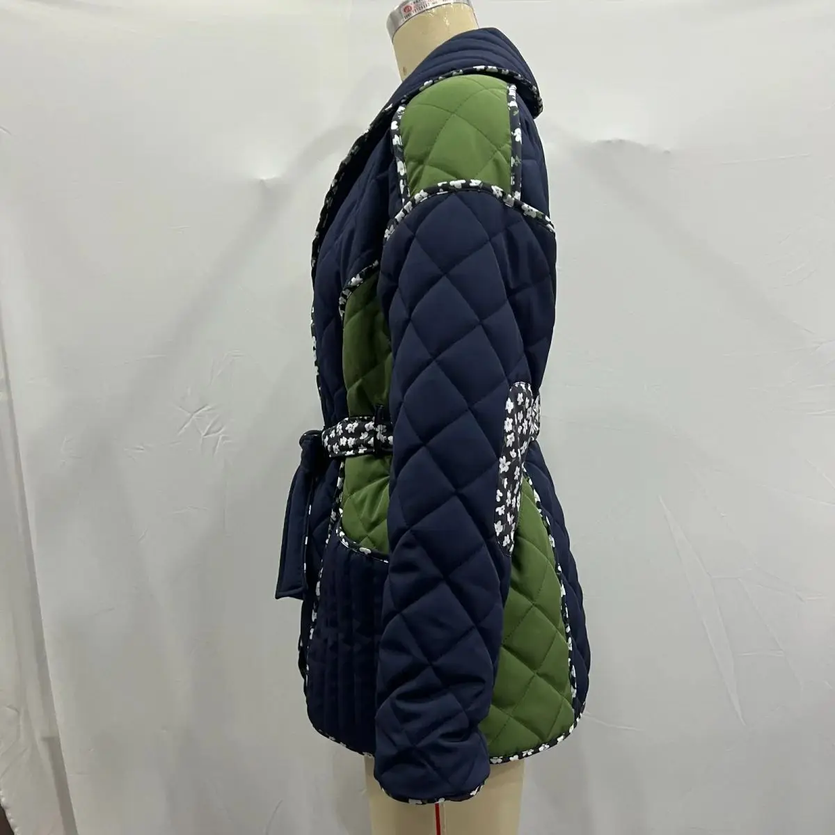 2024 Spring Ethnic Contrast Color Navy Lapel Shawl Collar Bow Sashes Quilted Jacket Women Front Pockets Full Sleeve Loose Coat