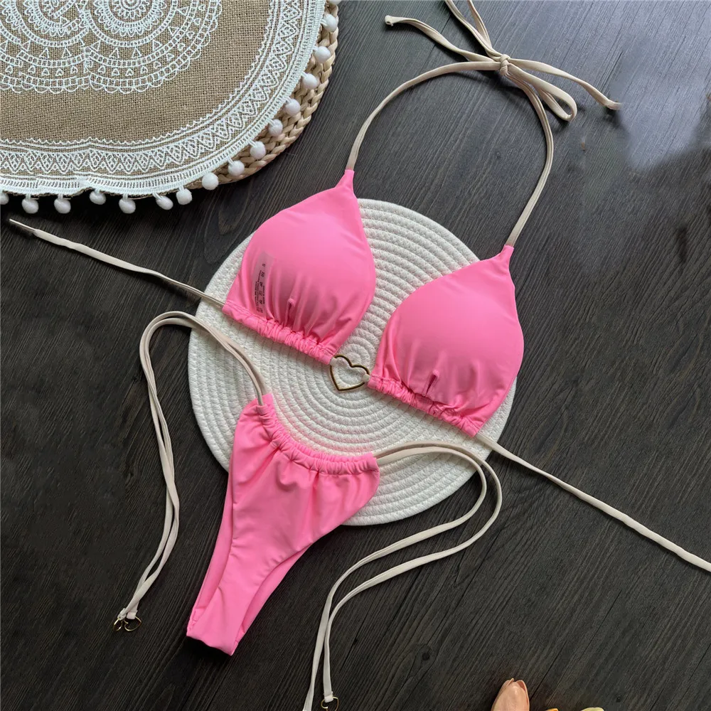 Pink String Halter Micro Bikini Thong Heart Ring Swimwear Sexy Swimsuit Women 2025 Bathing Suit Brazilian Triangle Bikinis Sets