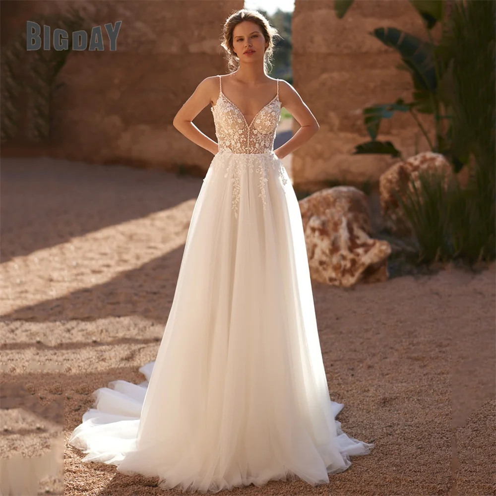 

BIGDAY Lace Tulle A-Line Wedding Dress Applique V-Neck Pleat Open Back Spaghetti Straps Bridal Gown Vestido De Noiva Customized