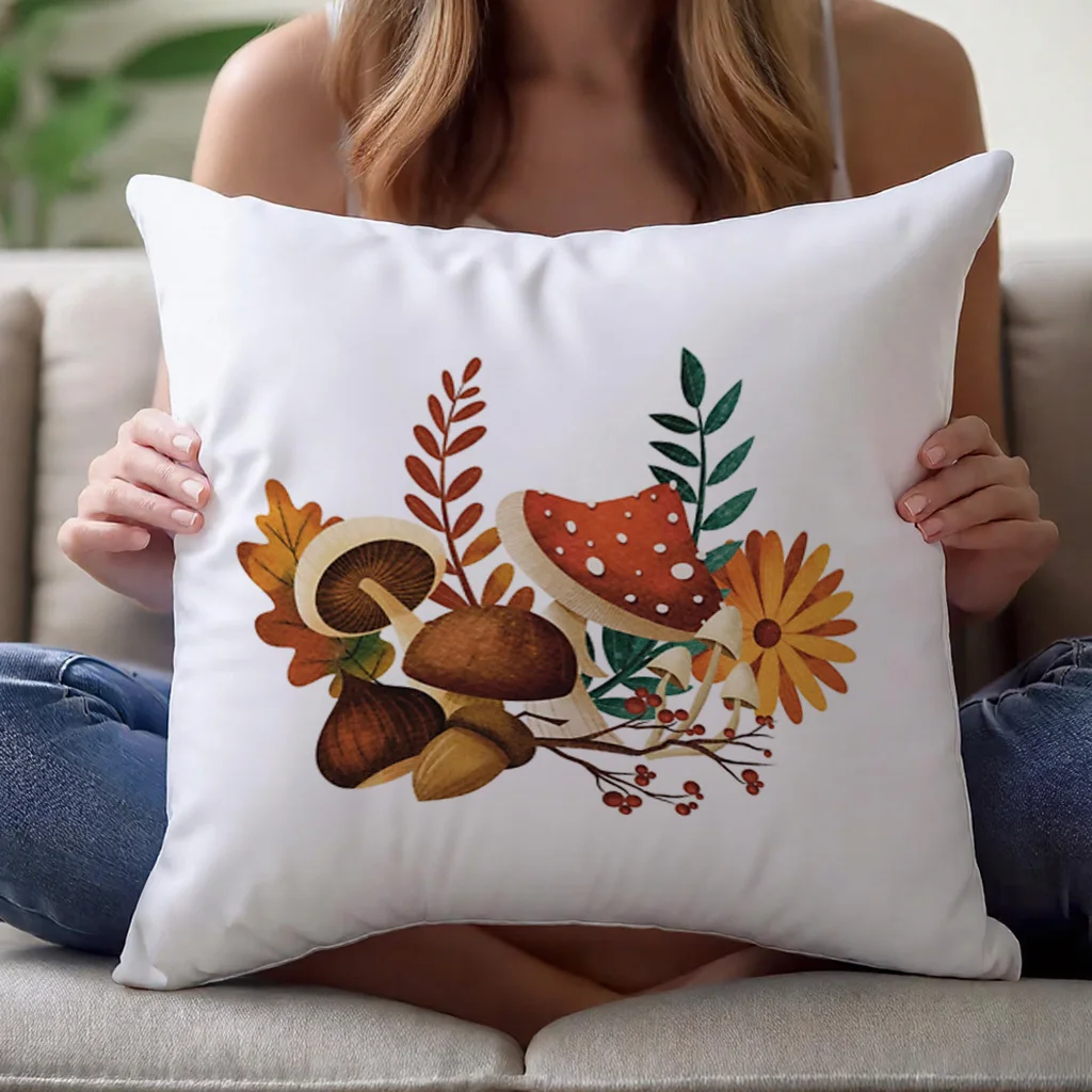 Vintage Autumn Harvest Throw Pillow Cover 16x16 18x18 20x20 Inch Mushroom Acorn Leaf Botanical Cushion Case Zipper Sofa Decor