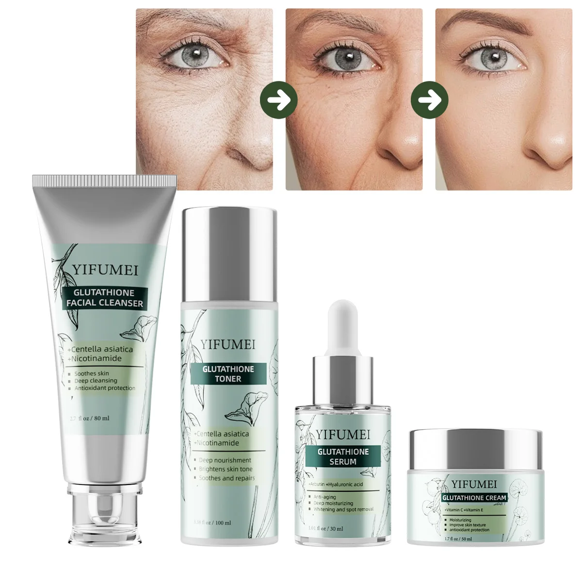 

Glutathione Skin Care 4-Piece Cleanser Hydration Moisturization Anti-Aging Set Whitening Dark Spot Reduction Centella Skin Care