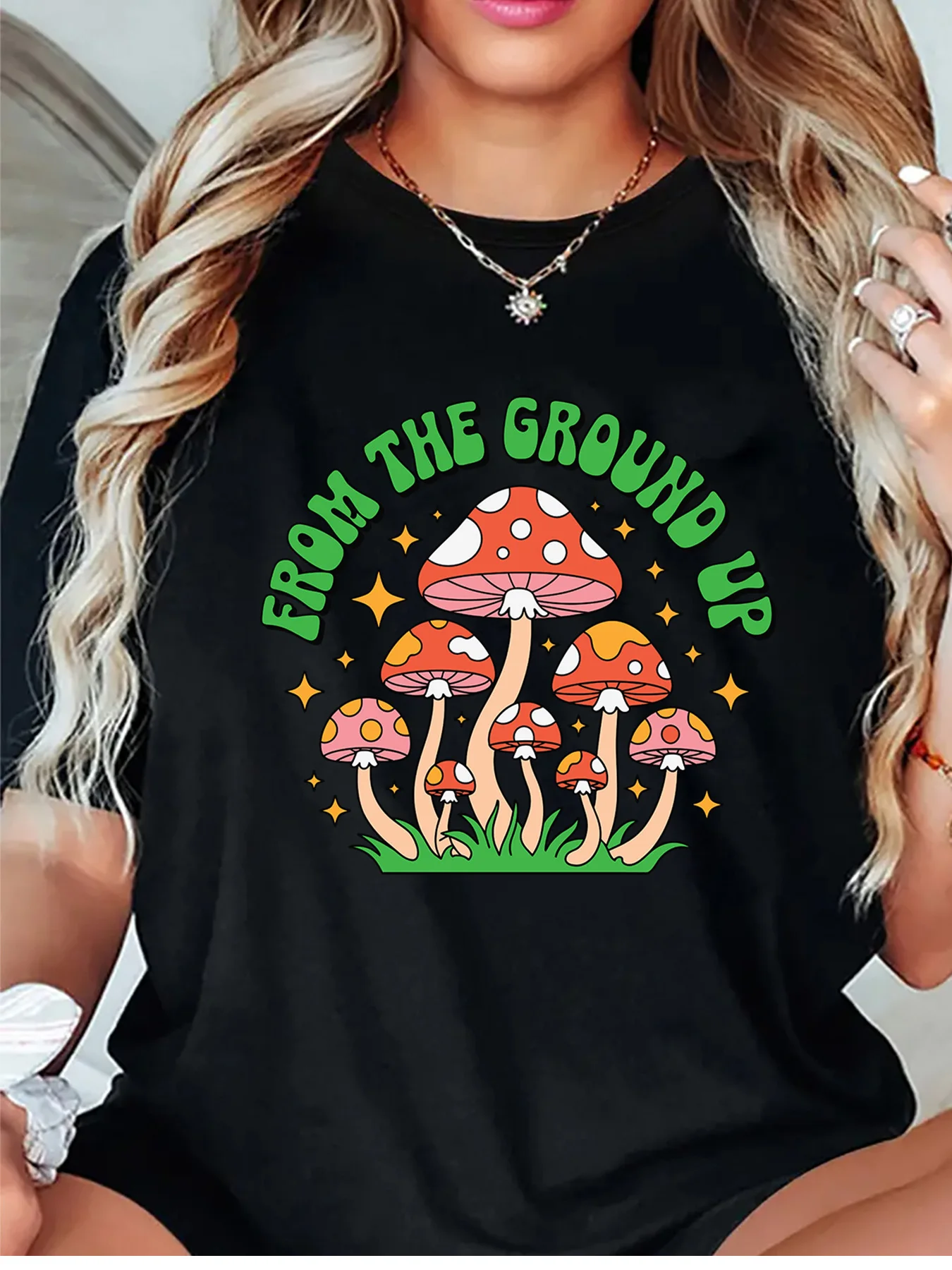 From The Ground Up Retro Mushroom Sparkle Star Grass Graphic Womens T Shirt Short Sleeve Crew Neck Casual Ladies Tee Tops