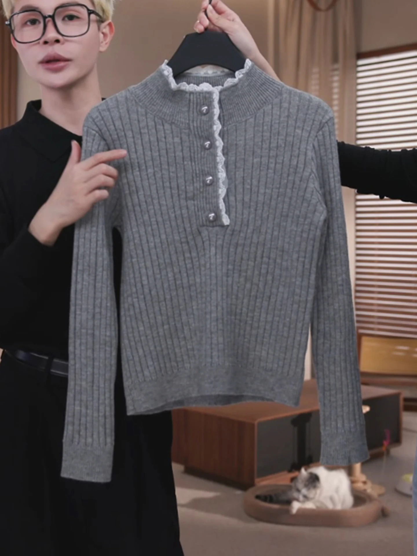 Maglione lavorato a maglia coreano Sle Long Sve con finiture in pizzo e colletto aperto, top dimagrante per il pendolarismo invernale Faion
