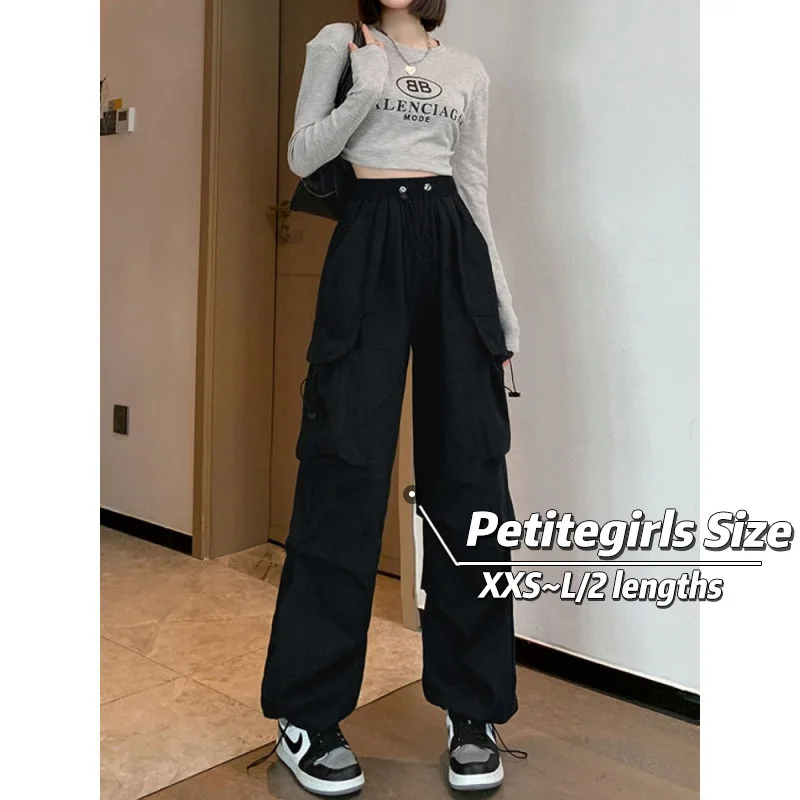 

150cm Petite girls American High Street Drawstring Work Pants Women High Waist Casual Straight Wide Leg Tied Feet XS Nine-point