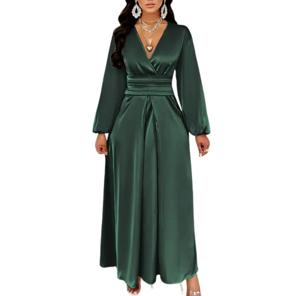

Women Summer Satin V-Neck Dress Elegant Long Gown with Puff Sleeves & Cinched Waist Flowing A-Line Skirt Breathable Elegant Dres