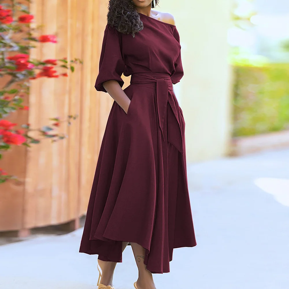 Women Summer Solid Color Lantern Sleeve Off Shoulder Belted Pleated Mid calf Dress Perfect for Casual Summer Days Outdoor Trips