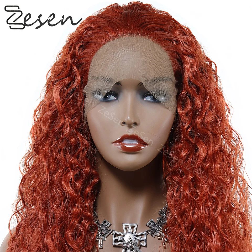 26 Inches Gember Oranje Lange Losse Krullend Synthetische Pruiken Lace Front Pruik Voor Zwarte Vrouwen Diepe Golf Dagelijks Cosplay Warmte slip