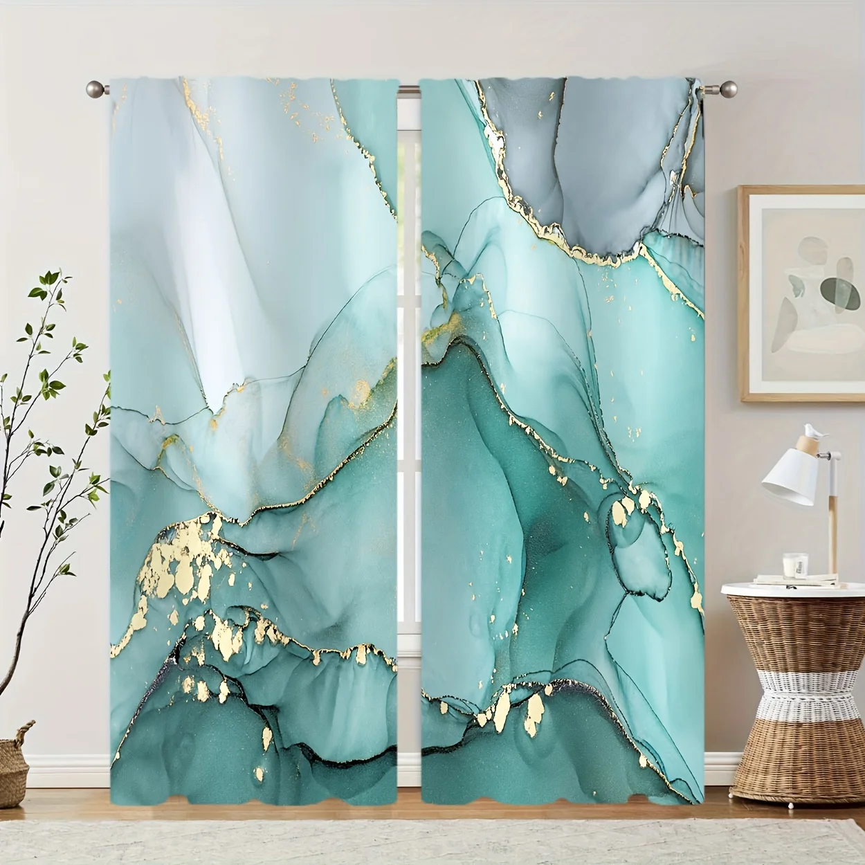 Marble-patterned curtains, featuring a pole bag design, are easy to hang and are suitable for use in living rooms and offices