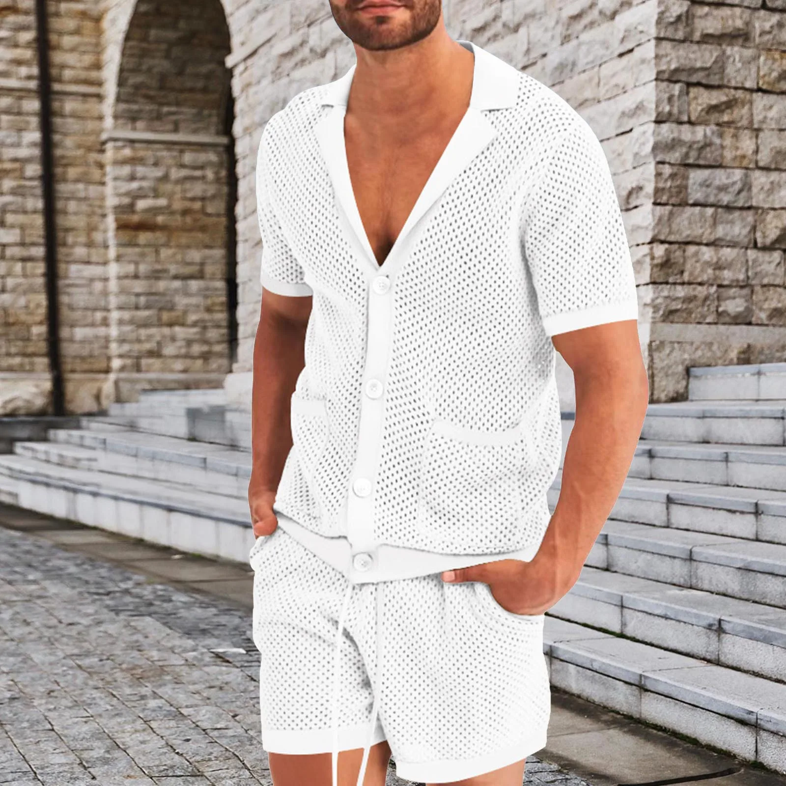 Summer Men's Hawaiian Cutout See-Through Icy Silk Suit High Quality Solid Color Hot Sale Short Sleeve Outdoor Beach Shorts Set