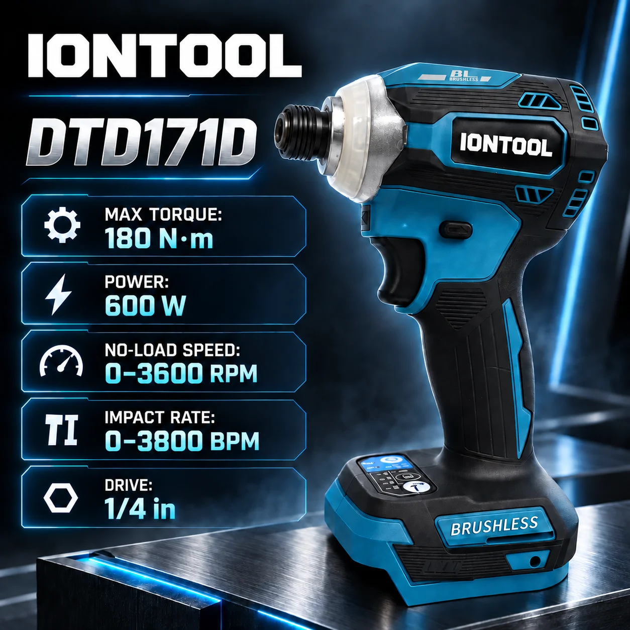 IONTOOL 600W Brushless Impact Driver 180N·m Cordless 1/4 Inch Hex 0-3600 RPM Electric Screwdriver Tool for Woodworking Repair