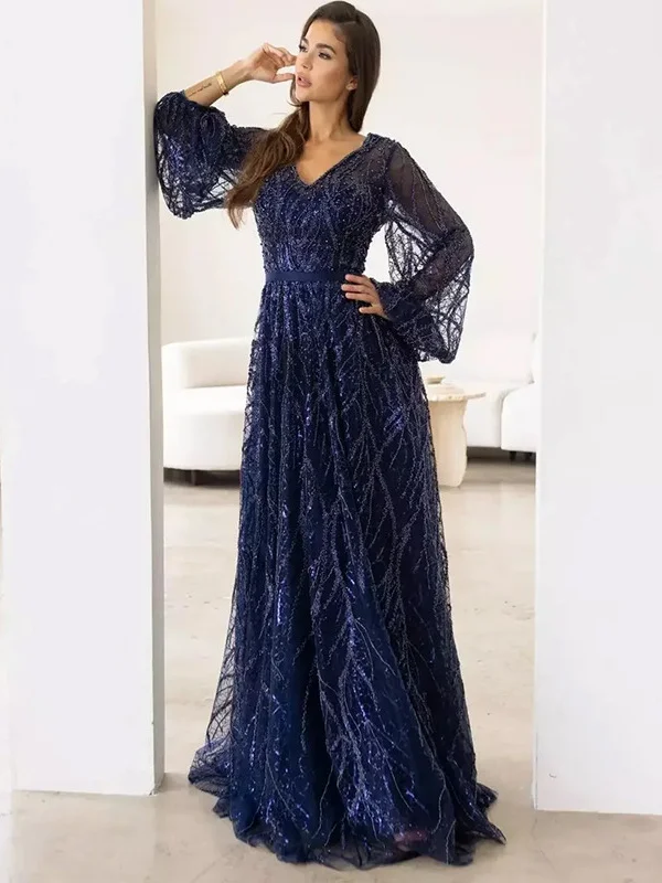 

Длинное вечернее платье Ele для женщин, с V-образным вырезом, пайетками, роскошное, для выступлений на фортепиано, со средней талией, рукавами-фонариками