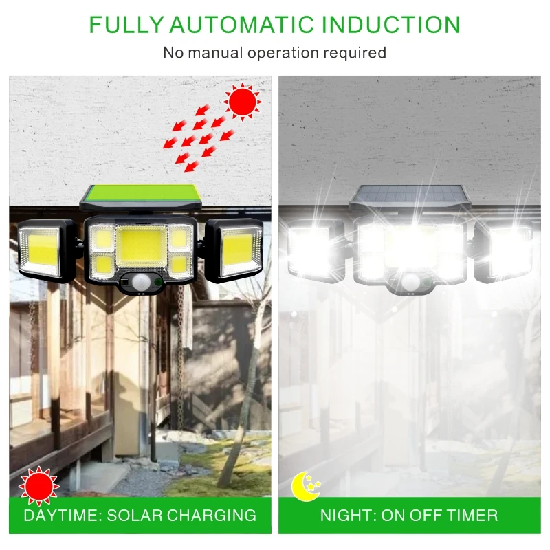 192 COB LED Solar Lights Outdoor 3 Head Motion Sensor Patio Lights Waterproof 3 Modes with Remote Control Wall Lamp Garden Light