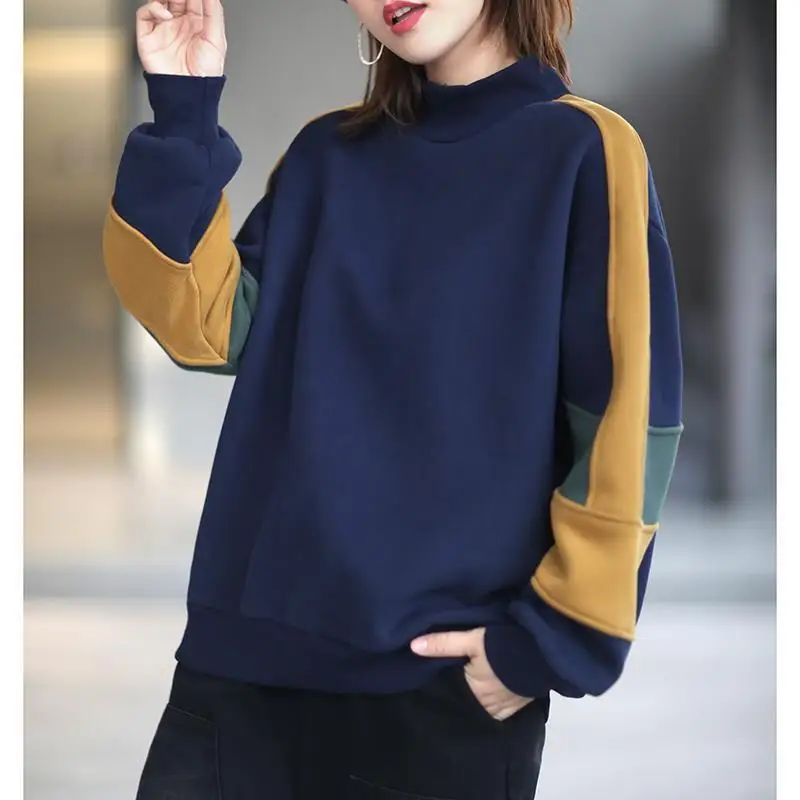 Fashion Korean Contrasting Colors Spliced Warm Tops Autumn Winter Female Half High Collar Casual Long Sleeve Sweatshirt T-shirt image 3